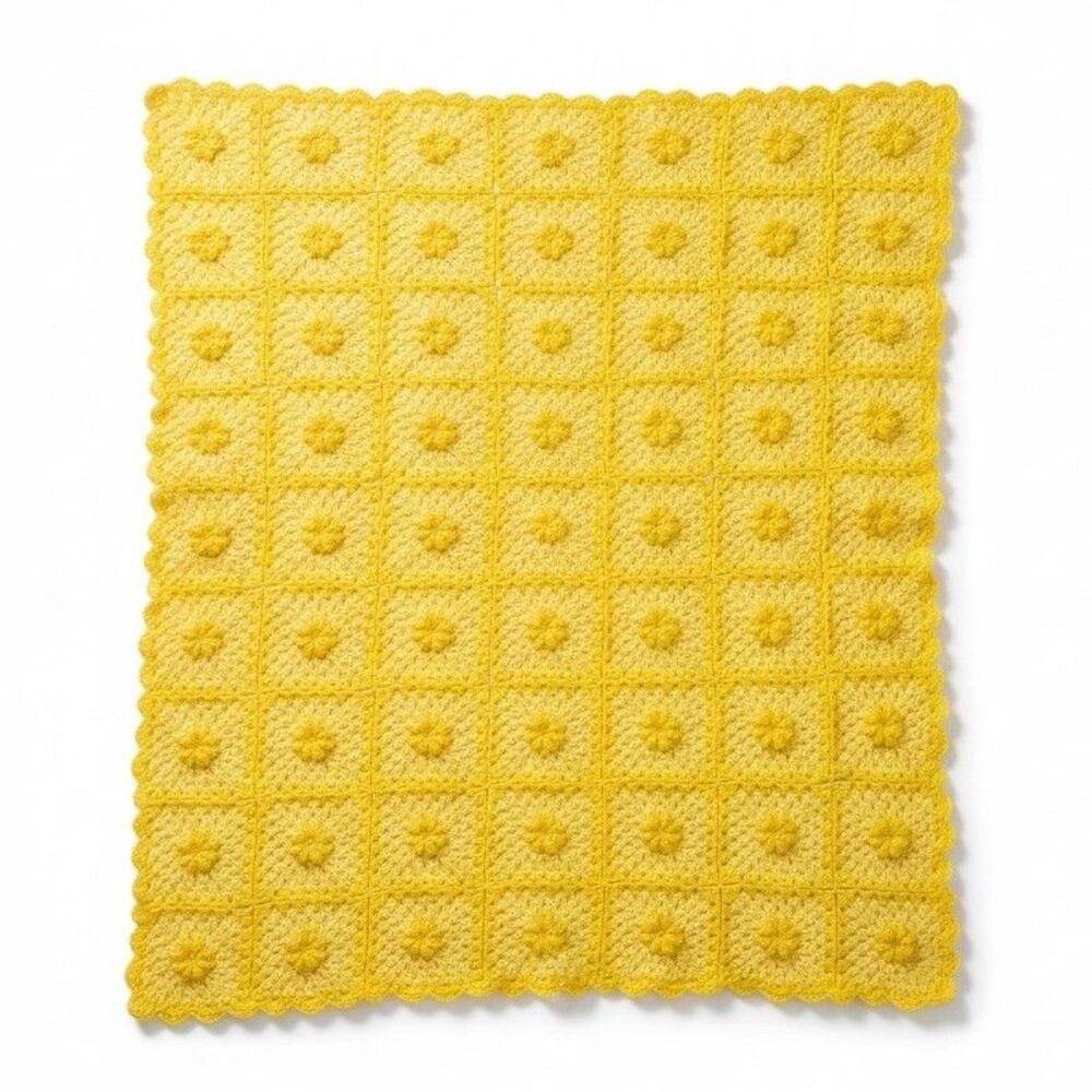 Vintage Handmade Granny Square Crochet Afghan Blanket 3D Flower Flower Floral